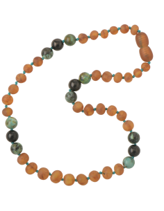 Cognac Baroque Baltic Amber & Shungite & African Turquoise Teething Necklace for Child