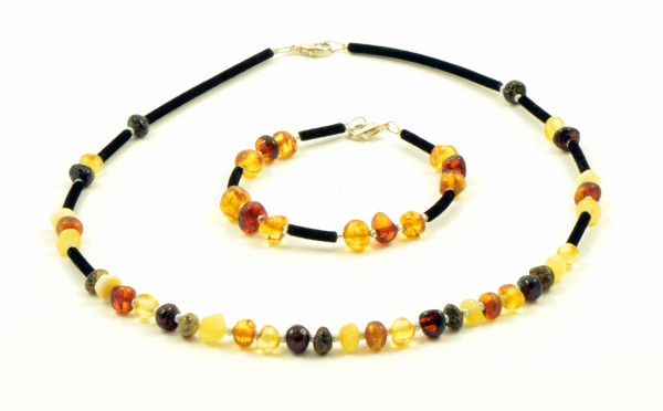 Genuine Multicolor Baltic Amber Necklace and Bracelet on Leather String