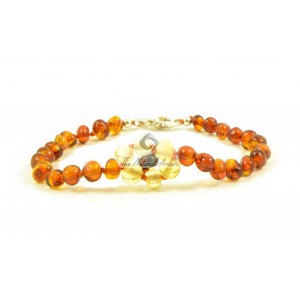 Cognac Baroque Polished Amber Anklet for Baby  with Lemon flower and 925 Sterling Silver Clasp