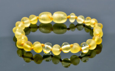 Lemon Raw Baroque Baltic Amber Teething Bracelet-Anklet for Baby with 3 Lemons Polished Amber Beads in the Center