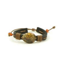 Dark Brown Leather Adjustable Children Bracelet with Amber Pendant