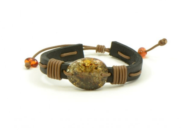 Dark Brown Leather Adjustable Children Bracelet with Amber Pendant