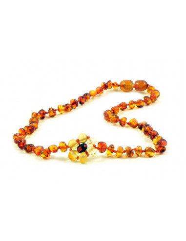 Cognac Polished Amber Beads Necklace for Baby with Lemon Amber Flower