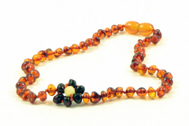 Cognac Polished Baltic Amber Teething Necklace for Baby with Cherry Flower