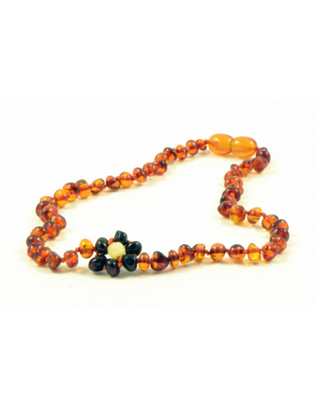 Cognac Polished Baltic Amber Teething Necklace for Baby with Cherry Flower