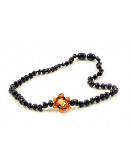 Cherry Polished Amber Beads Necklace for Baby with Lemon Amber Flower