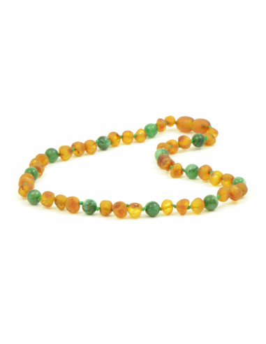 Cognac Baroque Raw Amber &  African Jade  Necklace for Child