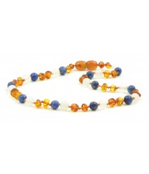 Cognac Baroque Polished Amber & White Agate & Lapis Lazuli Necklace for Child