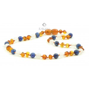 Cognac Baroque Polished Amber & White Agate & Lapis Lazuli Necklace for Child