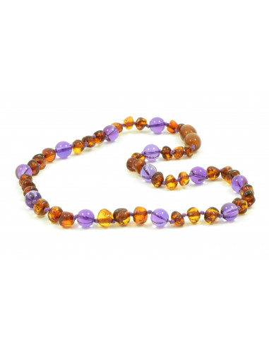 Cognac Baroque Polished Amber & Amethyst Necklace for Child