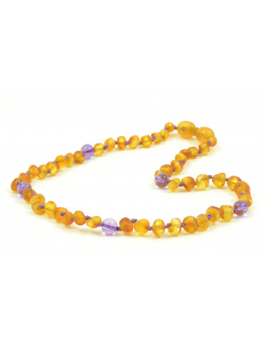 Cognac Baroque Raw Amber & Amethyst Beads  Necklace for Child