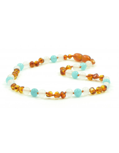 Cognac Baroque Polished Amber & Aquamarine & White Agate Necklace for Child