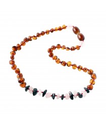 Cognac Baroque & Cherry Chip Polished Ambe & Rose Agate Chip Necklace for Child