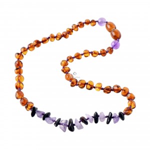 Cognac Baroque & Cherry Chip Polished Amber & Amethyst Chip Necklace for Child