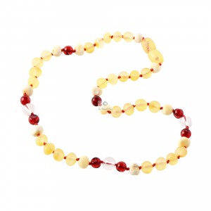 Lemon & Milky Baroque Raw Amber & Red Amber & Crystal Quartz  Necklace for Child