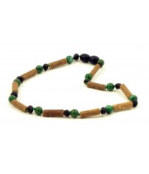 Necklace from Hazelnut Wood Sticks for Child  with Cherry Baroque Polisched Amber & African Jade