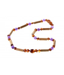 Necklace from Hazelnut Wood Sticks for Child with Cognac Baroque & Olive Polished Amber & Amethyst