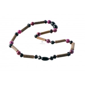 Necklace from Hazelnut Wood Sticks  for Child with Cherry Baroque & Olive Polished Amber & Rose Agate Beads