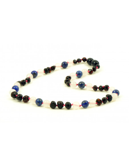 Cherry Baroque Polished Amber & Quartz & Lapis Lazuli Necklace for Child