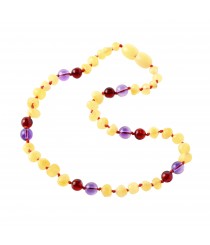 Milky Baroque Polished Amber & Red Amber & Amethyst Necklace for Child