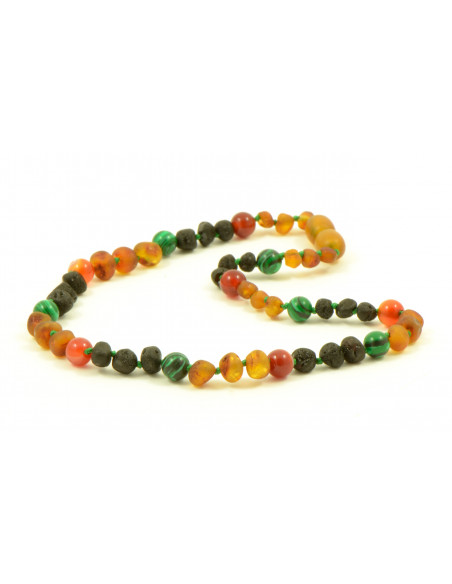 Cherry Baroque Polished Amber & Malachite & Red Agate Necklace for Child
