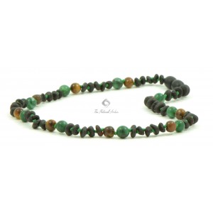 Cherry Half Baroque Raw Amber & Tiger Eye & African Jade  Necklace for Child