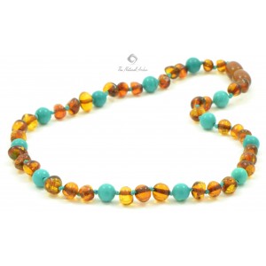 Cognac Baroque Polished Amber & Turquoise (Green) Beads Necklace for Child
