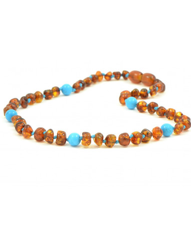 Cognac Baroque Polished Amber  & Turquoise (Blue) Beads Necklace for Child