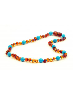 Cognac Baroque Polished Amber & Turquoise (Blue) Beads  Necklace for Child