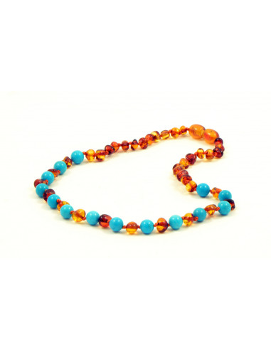 Cognac Baroque Polished Amber & Turquoise (Blue) Beads Necklace for Child