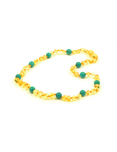 Lemon Baroque Polished Amber & Turquoise (Green) Beads Necklace for Child