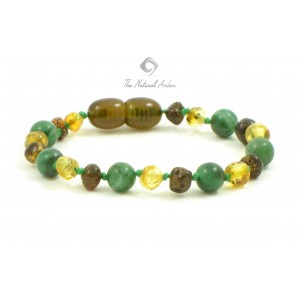 Green Baroque Polished  & Raw Amber & African Jade Beads Bracelet-Anklet for Child