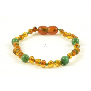 Cognac Baroque Polished Amber & African Jade Beads Bracelet-Anklet for Child