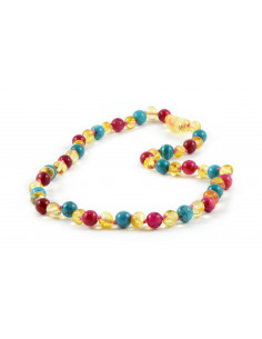 Lemon Baroque Polished Amber & Turquoise  & Rose Agate Beads Necklace for Child