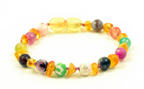 Cognac Baroque Polished Amber & Colorful Agate Beads Bracelet-Anklet for Child