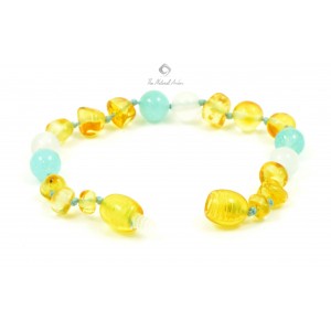 Honey Baroque Polished Amber & White Agate & Aquamarine Beads Bracelet-Anklet for Child