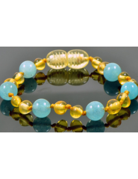 Lemon Baroque Polished Amber & Aquamarine Beads Bracelet-Anklet for Child