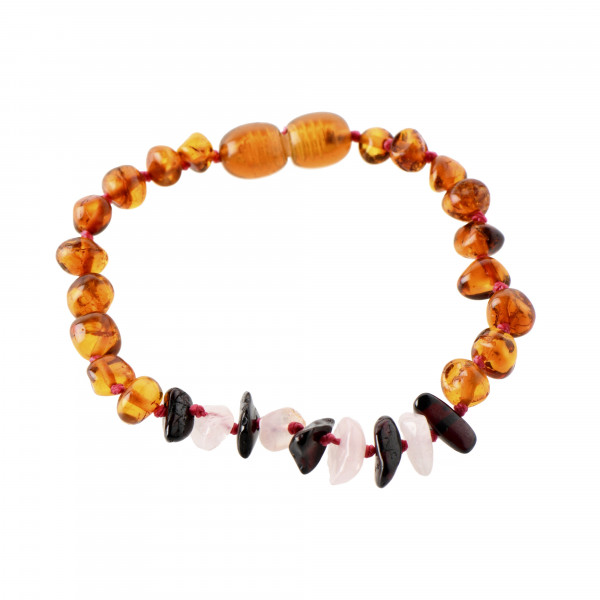 Cognac Baroque & Cherry Chip Polished Amber & Rose Quartz Chip Bracelet-Anklet for Child