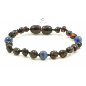 Cherry Baroque Polished Amber & Lapis Lazuli Beads Bracelet-Anklet for Child