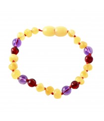Milky Baroque Polished Amber & Red Amber & Amethyst Beads Bracelet-Anklet for Child