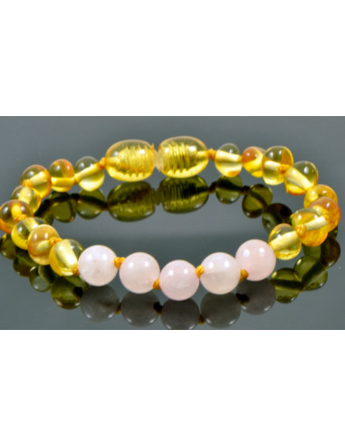 Honey Baroque Polished Amber Bracelet-Anklet for Child wiht Rose Quartz Beads in the Center