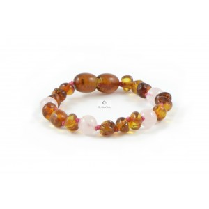 Cognac Baroque Polished Amber & Rose Quartz Beads Bracelet-Anklet for Child