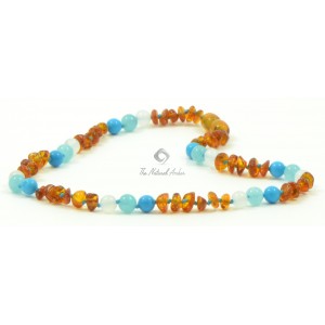 Cognac Half Baroque Polished Amber & Turquoise & Aquamarine & White Agate Beads Necklace for Child