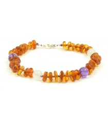 Cognac Half Baroque Polished Amber and Amethyst & White Agate Beads Anklet for Adult with 925  Sterling Silver Clasp