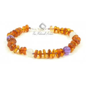 Cognac Half Baroque Polished Amber and Amethyst & White Agate Beads Anklet for Adult with 925  Sterling Silver Clasp
