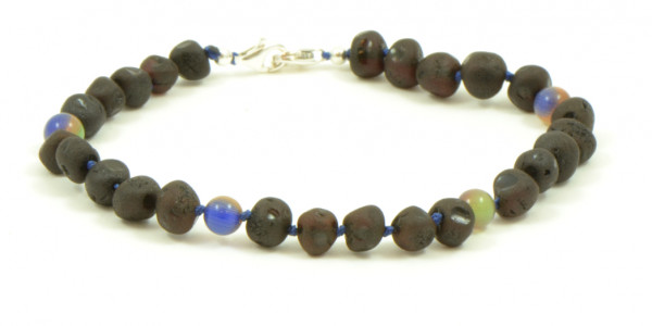 Cherry Baroque Raw Amber and Cat Eye Beads  Anklet for Adult with 925 Sterling Silver Clasp