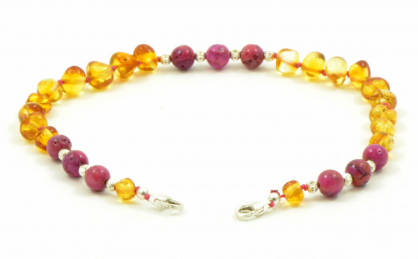 Honey Baroque Polished Amber and Rose Agate Beads Anklet for Adult with 925 Sterling Silver Clasp