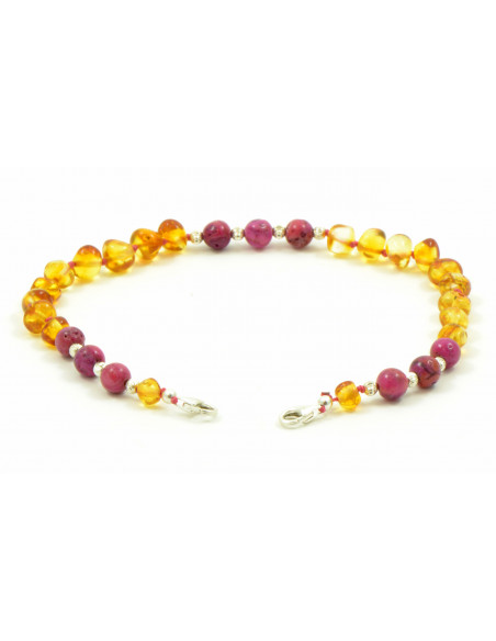 Honey Baroque Polished Amber and Rose Agate Beads Anklet for Adult with 925 Sterling Silver Clasp