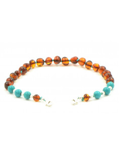 Cognac Baroque Polished Amber and Turqouise Beads  Anklet for Adult  with 925 Sterling Silver Clasp