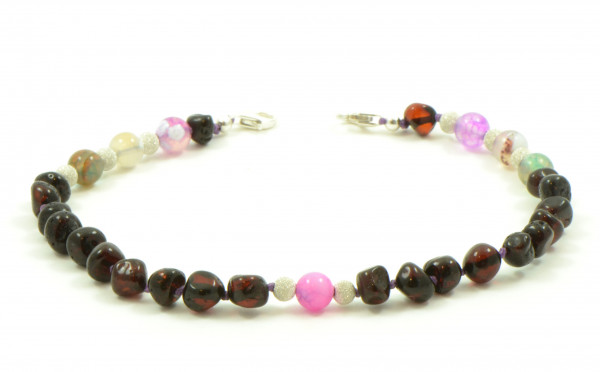 Cherry Baroque Polished Amber and Colorful Agate Beads  Anklet for Adult with Sterling Silver 925 Clasp